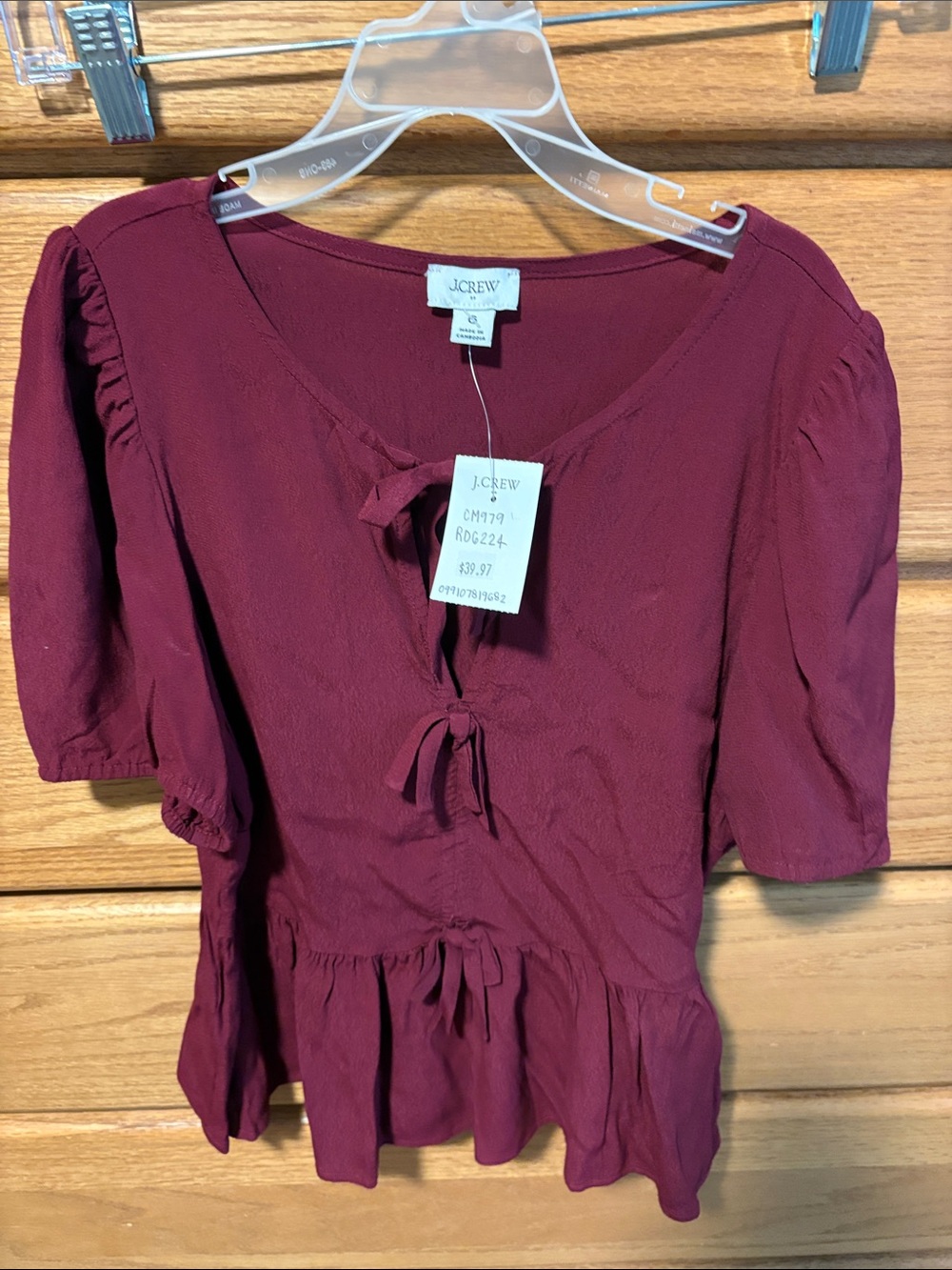 J. Crew Wine Tie-Front Peplum Blouse